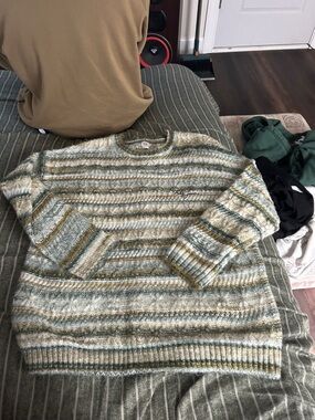 Striped Crewneck Men's Sweater in Green and Cream